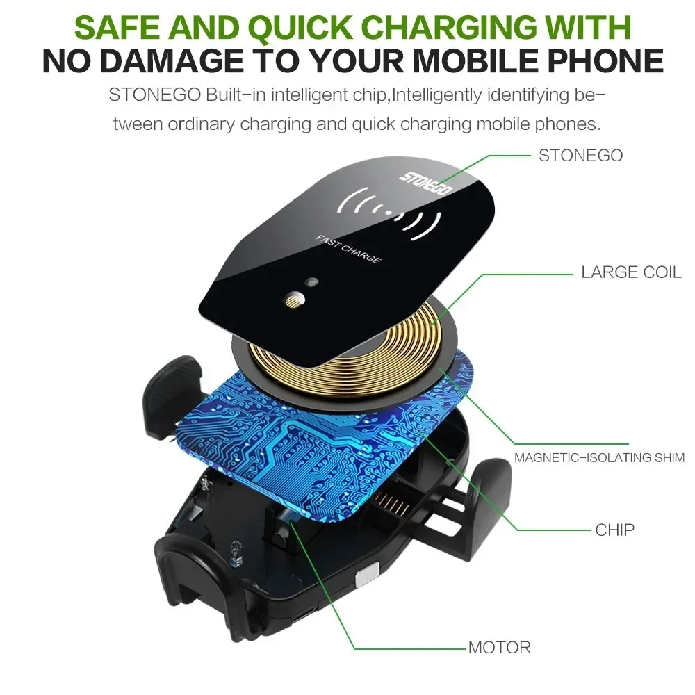 Vent Mount Car Charger, 10W/7.5W/5W Qi Fast Charging Phone Holder, Smart Sensor, Touch Control Fast Charging Phone Holder, Smart Sensor, Touch Control