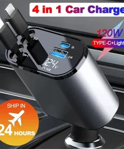 4 in 1 120W Car Charger Retractable Car Cigarette Lighter Adapter USB Type C Fast Charger Cable For IPhone Xiaomi Huawei Samsung