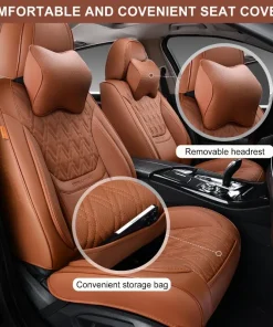 Complete set of car seat covers, breathable leather car front and rear seat covers and headrests, brown